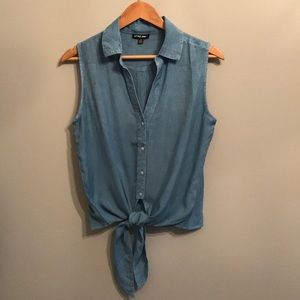 Denim tie-front sleeveless top